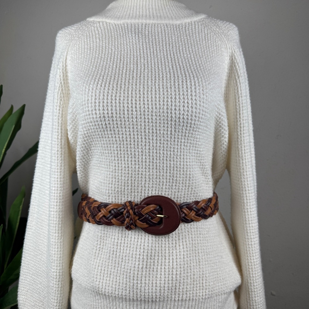Vintage 90s Equestrian Two Tone Brown Leather Woven Braided Belt Women Large